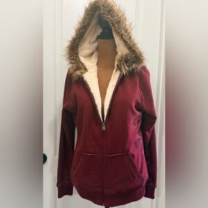 NWOT Y2K Faux Fur Lined Zip Up Hoodie Burgundy with Floral Accent.